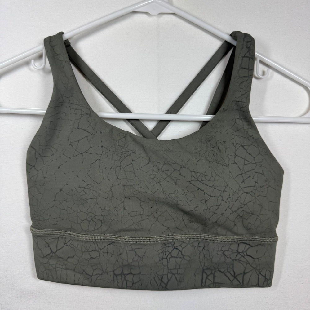 Lululemon Energy Bra Longline Olive Green Crackle Print‎ Strappy Sports Bra Sz 4